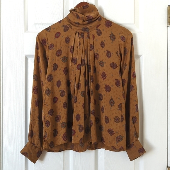 Anne Klein 80's Vintage Silky Paisley Printed Pleated Turtleneck Blouse Brown SP - Picture 1 of 13